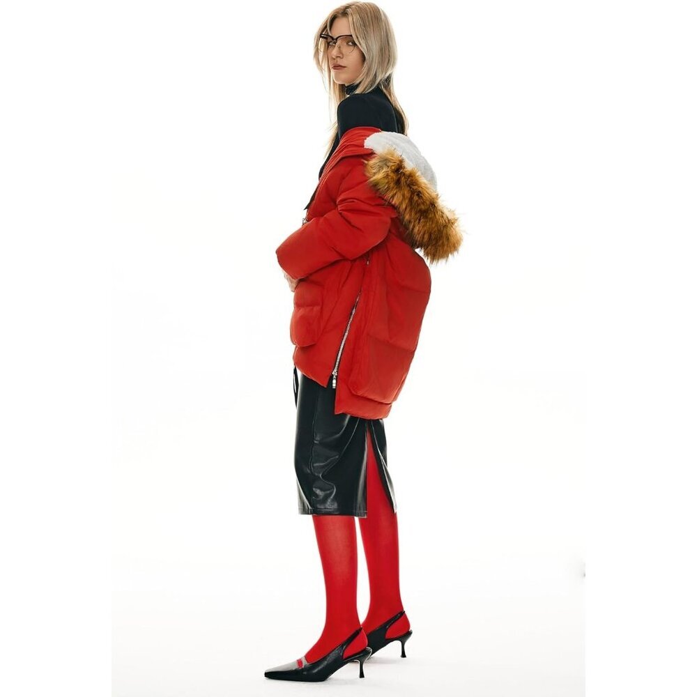 Women's Dark Red Faux Fur Trim Clothing Down Vest Jacket Warm Fleece Lined Hood - Picture 5 of 8